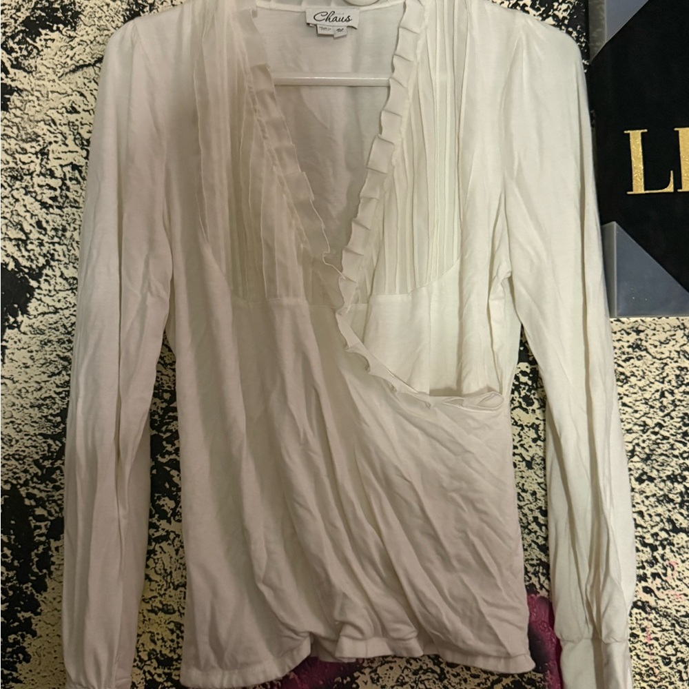 Chico's Cream Ruffle V-Neck Blouse - Picture 3 of 5